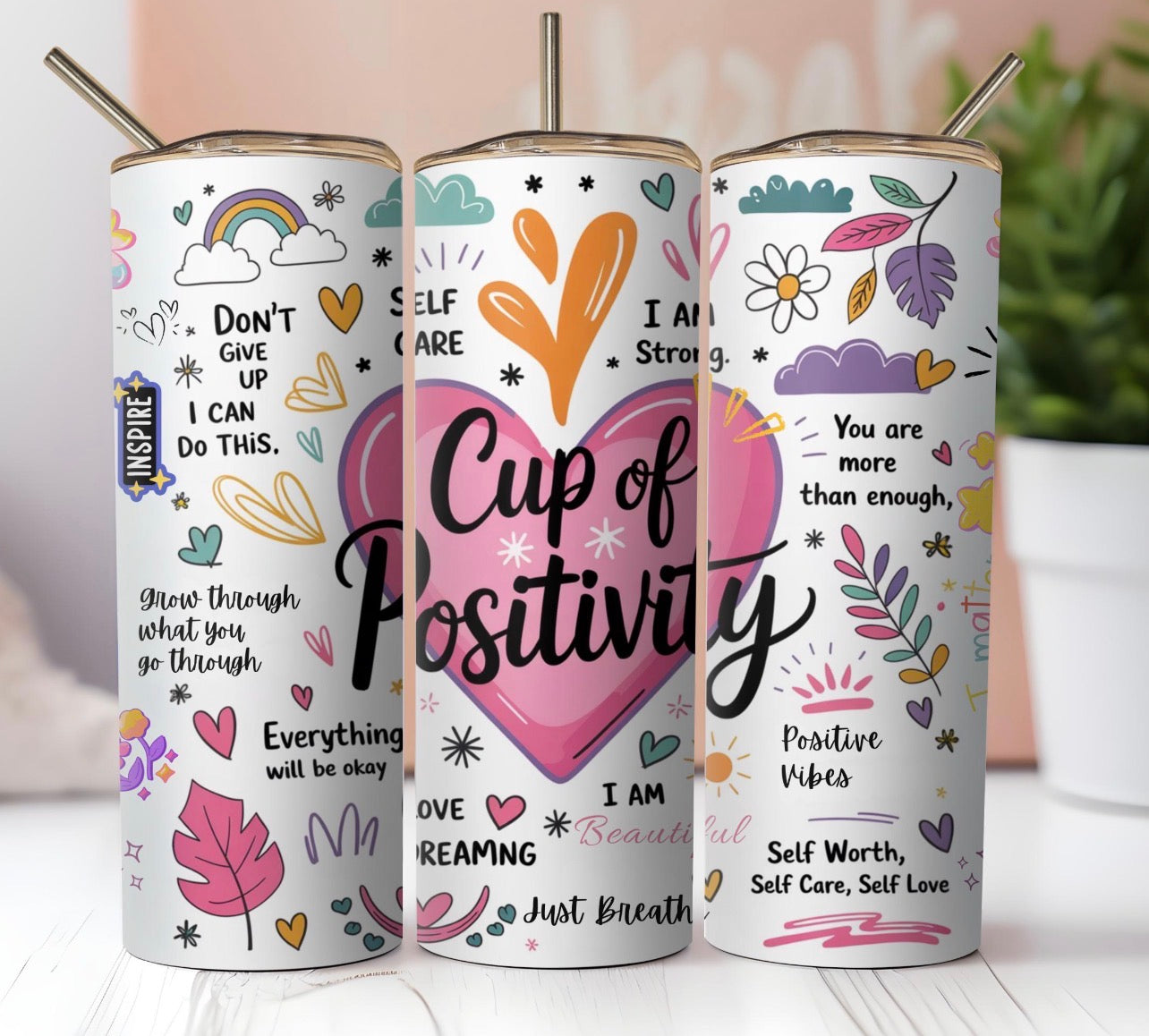 20oz Cup of Positivity Tumbler – Inspirational Self-Care Insulated Stainless Steel Cup